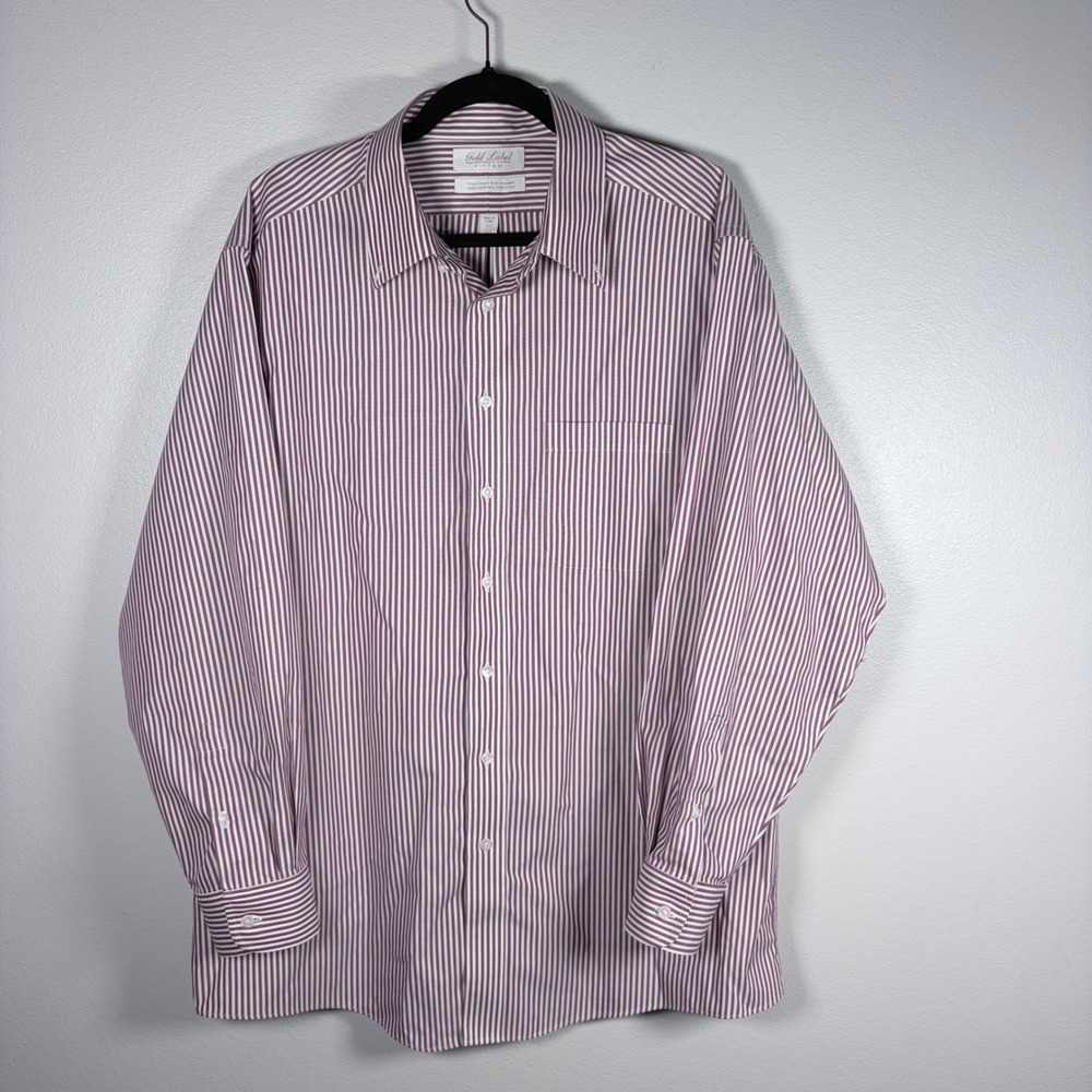 Roundtree & Yorke Gold Label Dress Shirt Mens 17 34 Fitted NonIron Stripe Maroon